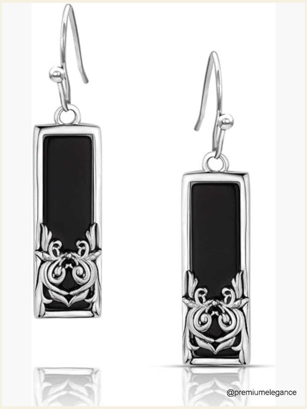 Western Drop Dangle Filigree Earrings Onyx Silver Tone